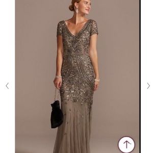 David’s Bridal Bead and Sequin Embellished Mesh Overlay Gown